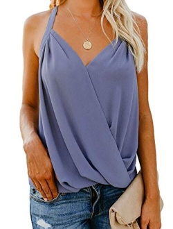 Women's V Neck Sleeveless Tank Tops Drape Wrap Front Pleated Back Casual Chiffon Cami Tops