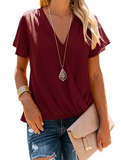 Women's V Neck Sleeveless Tank Tops Drape Wrap Front Pleated Back Casual Chiffon Cami Tops