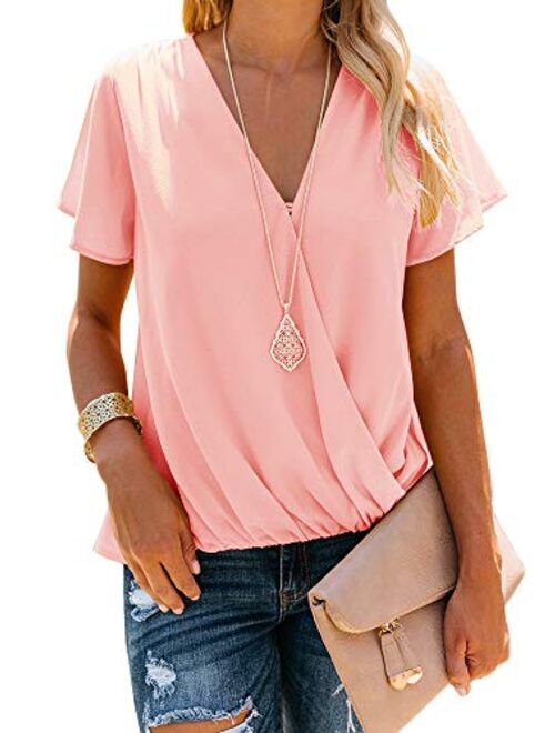 Women's V Neck Sleeveless Tank Tops Drape Wrap Front Pleated Back Casual Chiffon Cami Tops