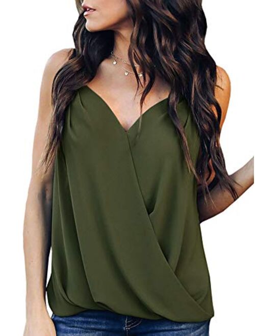 Women's V Neck Sleeveless Tank Tops Drape Wrap Front Pleated Back Casual Chiffon Cami Tops