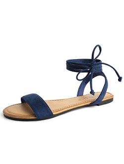 SANDALUP Tie Up Ankle Strap Flat Sandals for Women