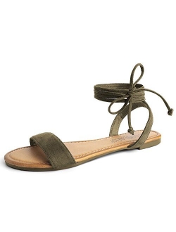 SANDALUP Tie Up Ankle Strap Flat Sandals for Women