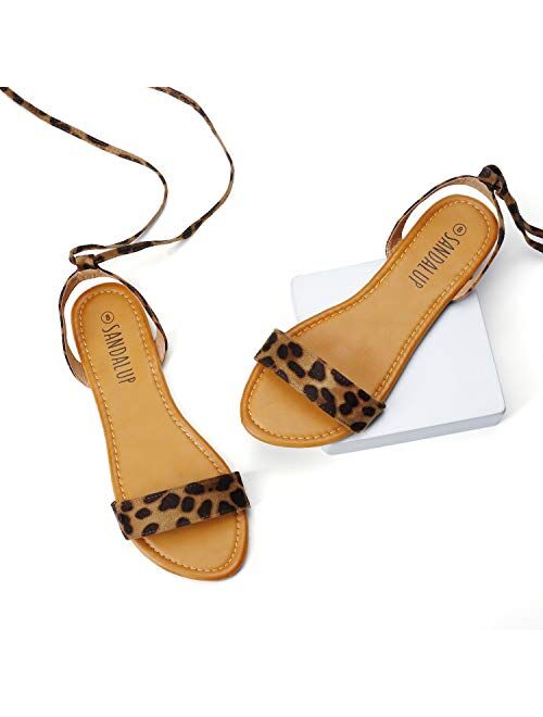 SANDALUP Tie Up Ankle Strap Flat Sandals for Women