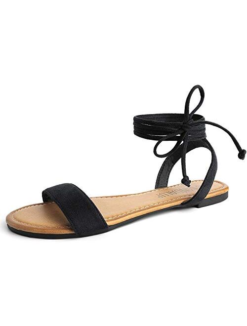 SANDALUP Tie Up Ankle Strap Flat Sandals for Women