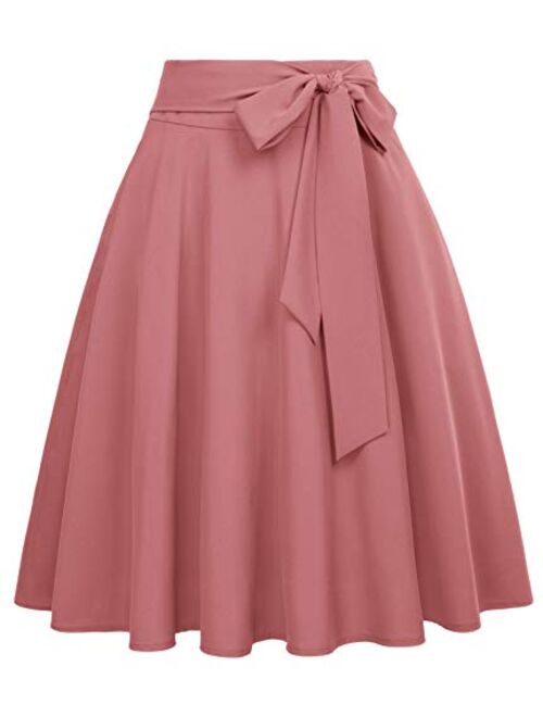 Belle Poque Women's High Waist A-Line Pockets Skirt Skater Flared Midi Skirt