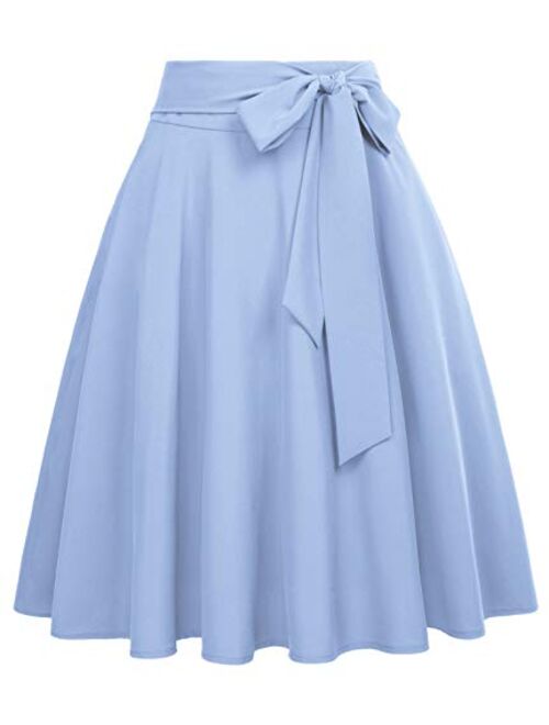 Belle Poque Women's High Waist A-Line Pockets Skirt Skater Flared Midi Skirt