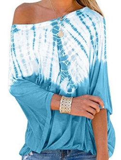 Astylish Women's Tie Dye Print Off Shoulder Tops Blouses Loose Tunic Shirts