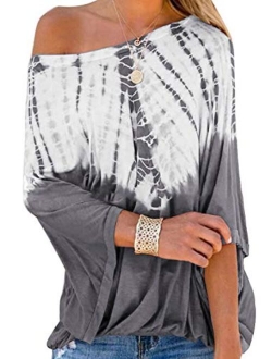 Astylish Women's Tie Dye Print Off Shoulder Tops Blouses Loose Tunic Shirts