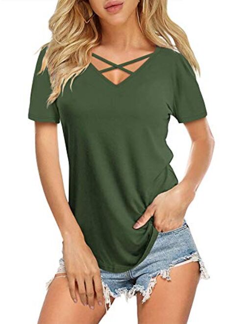 DittyandVibe Women's Short/Long Sleeve V Neck Criss Cross T-Shirt Tops