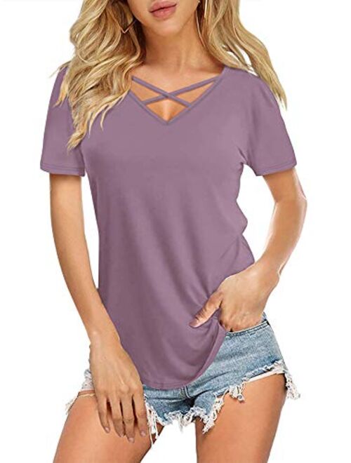 DittyandVibe Women's Short/Long Sleeve V Neck Criss Cross T-Shirt Tops