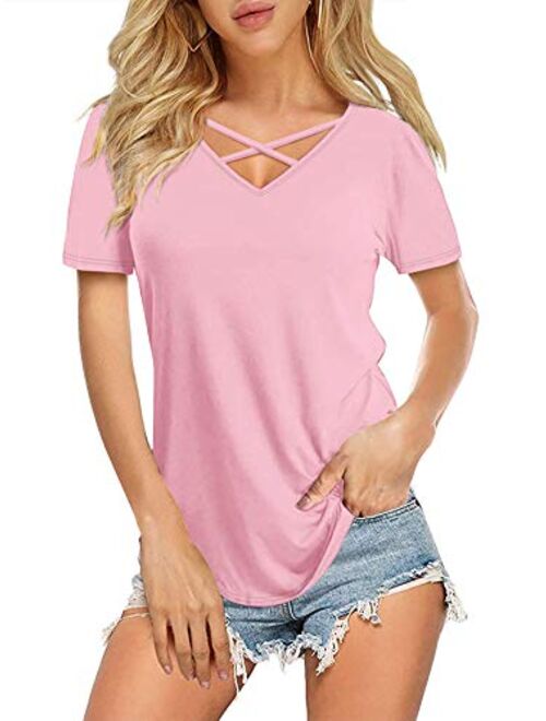 DittyandVibe Women's Short/Long Sleeve V Neck Criss Cross T-Shirt Tops