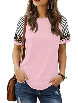 HARHAY Women's Leopard Print Color Block Tunic Round Neck Long Sleeve Shirts Striped Causal Blouses Tops