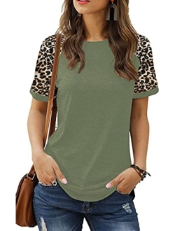 HARHAY Women's Leopard Print Color Block Tunic Round Neck Long Sleeve Shirts Striped Causal Blouses Tops