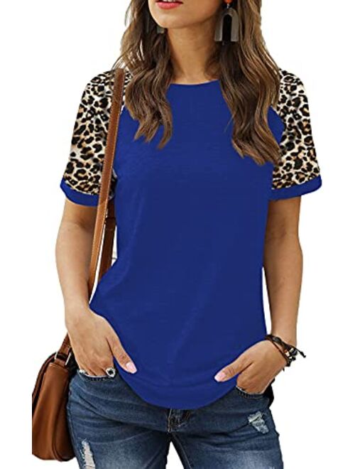 HARHAY Women's Leopard Print Color Block Tunic Round Neck Long Sleeve Shirts Striped Causal Blouses Tops