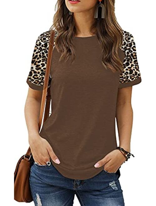 HARHAY Women's Leopard Print Color Block Tunic Round Neck Long Sleeve Shirts Striped Causal Blouses Tops