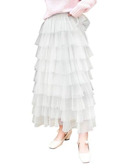 Itemnew Women's Sweet Elastic Waist Tulle Layered Ruffles Mesh Long Tiered Skirt