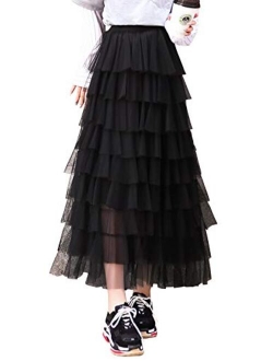 Itemnew Women's Sweet Elastic Waist Tulle Layered Ruffles Mesh Long Tiered Skirt