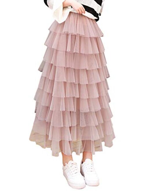 Itemnew Women's Sweet Elastic Waist Tulle Layered Ruffles Mesh Long Tiered Skirt