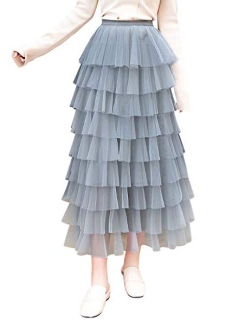 Itemnew Women's Sweet Elastic Waist Tulle Layered Ruffles Mesh Long Tiered Skirt