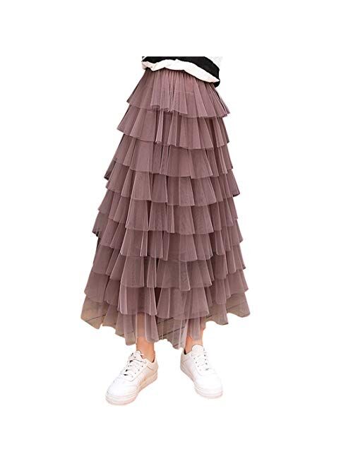 Itemnew Women's Sweet Elastic Waist Tulle Layered Ruffles Mesh Long Tiered Skirt