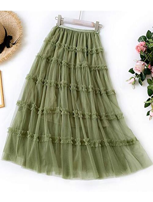 Femiserah Women's Long Rainbow A Line Tulle Tutu Skirts Tiered Skirt Petticoat