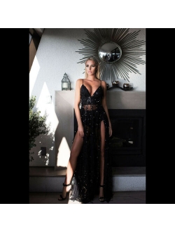 Sexy Women Fashion Sequins Tassel Slit Spaghetti Straps Thin Party Long Dress