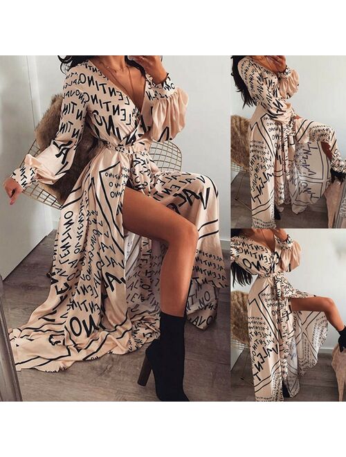 Women Summe Letter Print Boho V-neck Long Sleeve Slit Maxi Dress Beach Sundress