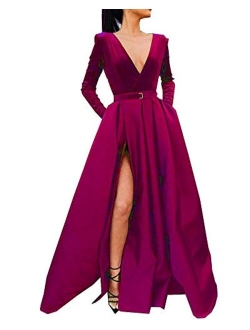 MariRobe Strapless Satin High Slit Evening Dress Prom Party Ball Gown With Pocket