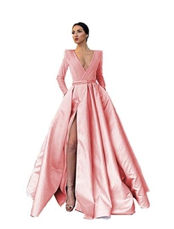 MariRobe Strapless Satin High Slit Evening Dress Prom Party Ball Gown With Pocket