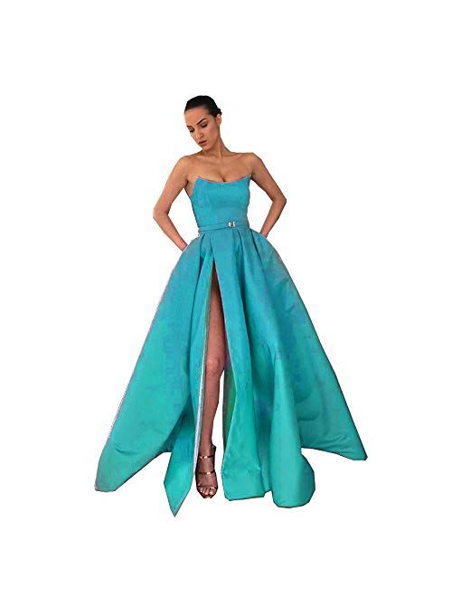 MariRobe Strapless Satin High Slit Evening Dress Prom Party Ball Gown With Pocket