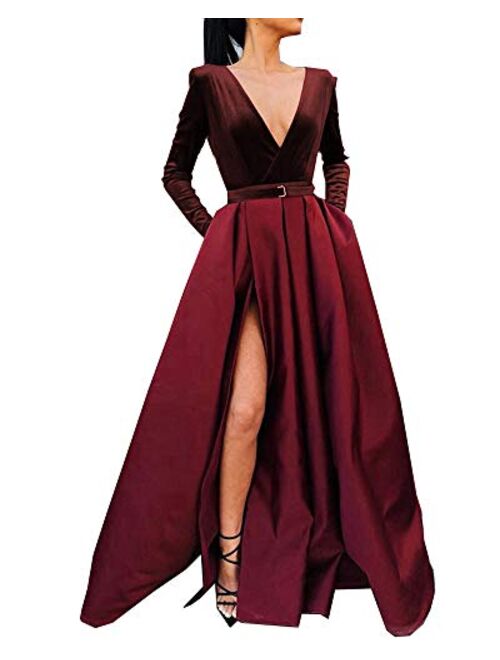 MariRobe Strapless Satin High Slit Evening Dress Prom Party Ball Gown With Pocket