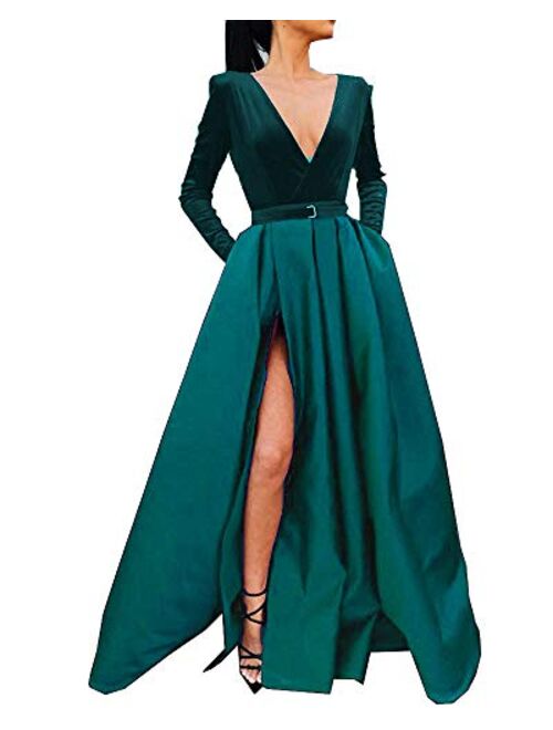 MariRobe Strapless Satin High Slit Evening Dress Prom Party Ball Gown With Pocket