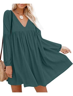 Chvity Women's Casual Short Sleeve Loose Swing Dress V Neck Solid Pleated Babydoll Tunic