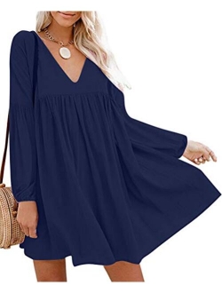 Chvity Women's Casual Short Sleeve Loose Swing Dress V Neck Solid Pleated Babydoll Tunic