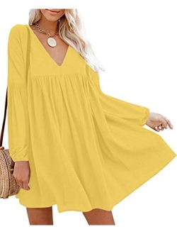 Chvity Women's Casual Short Sleeve Loose Swing Dress V Neck Solid Pleated Babydoll Tunic