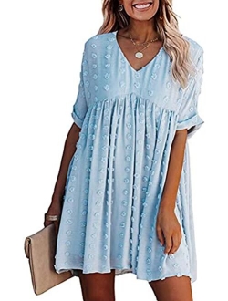 Chvity Women's Casual Short Sleeve Loose Swing Dress V Neck Solid Pleated Babydoll Tunic