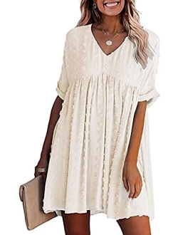 Chvity Women's Casual Short Sleeve Loose Swing Dress V Neck Solid Pleated Babydoll Tunic