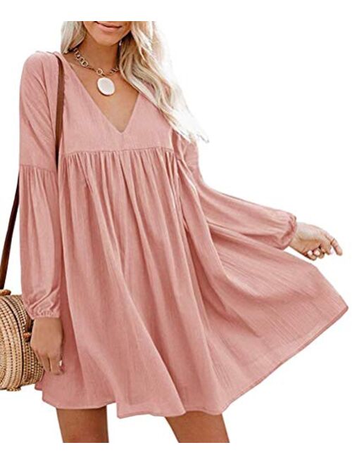 Chvity Women's Casual Short Sleeve Loose Swing Dress V Neck Solid Pleated Babydoll Tunic