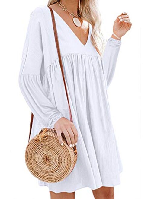 Chvity Women's Casual Short Sleeve Loose Swing Dress V Neck Solid Pleated Babydoll Tunic