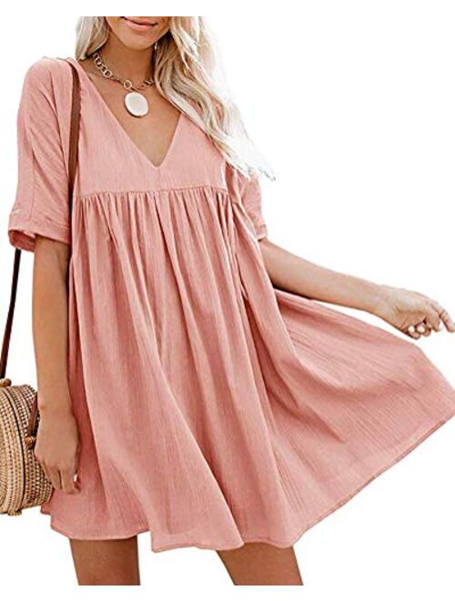 Chvity Women's Casual Short Sleeve Loose Swing Dress V Neck Solid Pleated Babydoll Tunic