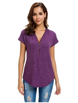 LUSMAY Womens Loose Fitting Zip Up Deep V Neck Short Sleeve Tops Tunic Casual T Shirts Blouse