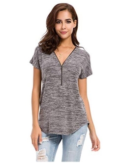 LUSMAY Womens Loose Fitting Zip Up Deep V Neck Short Sleeve Tops Tunic Casual T Shirts Blouse