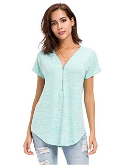 LUSMAY Womens Loose Fitting Zip Up Deep V Neck Short Sleeve Tops Tunic Casual T Shirts Blouse