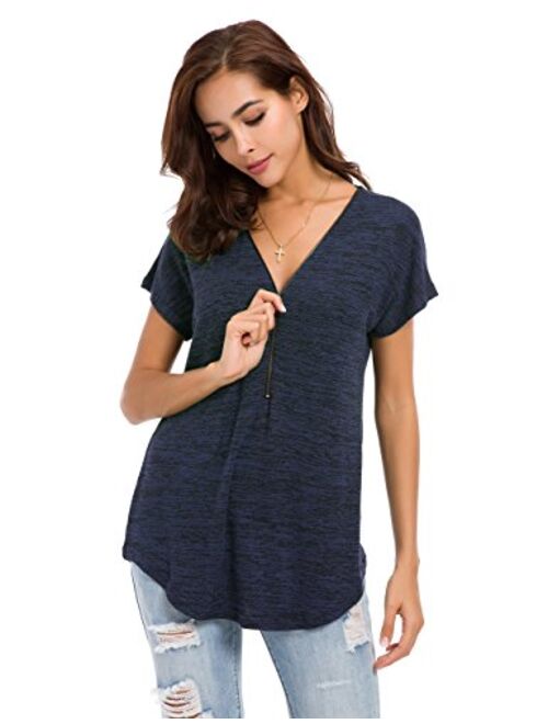 LUSMAY Womens Loose Fitting Zip Up Deep V Neck Short Sleeve Tops Tunic Casual T Shirts Blouse