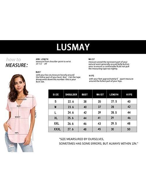 LUSMAY Womens Loose Fitting Zip Up Deep V Neck Short Sleeve Tops Tunic Casual T Shirts Blouse