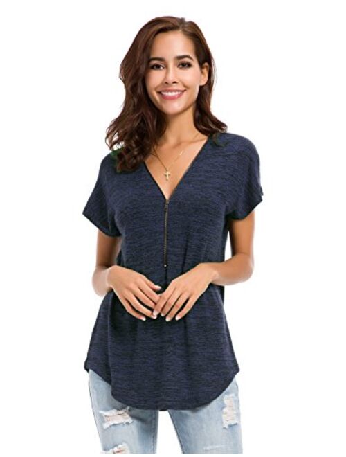 LUSMAY Womens Loose Fitting Zip Up Deep V Neck Short Sleeve Tops Tunic Casual T Shirts Blouse