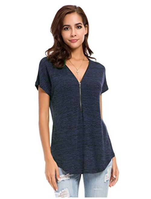 LUSMAY Womens Loose Fitting Zip Up Deep V Neck Short Sleeve Tops Tunic Casual T Shirts Blouse