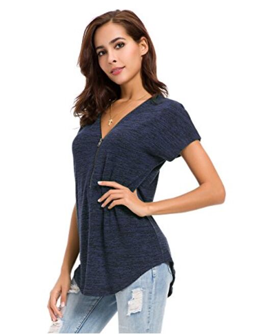 LUSMAY Womens Loose Fitting Zip Up Deep V Neck Short Sleeve Tops Tunic Casual T Shirts Blouse