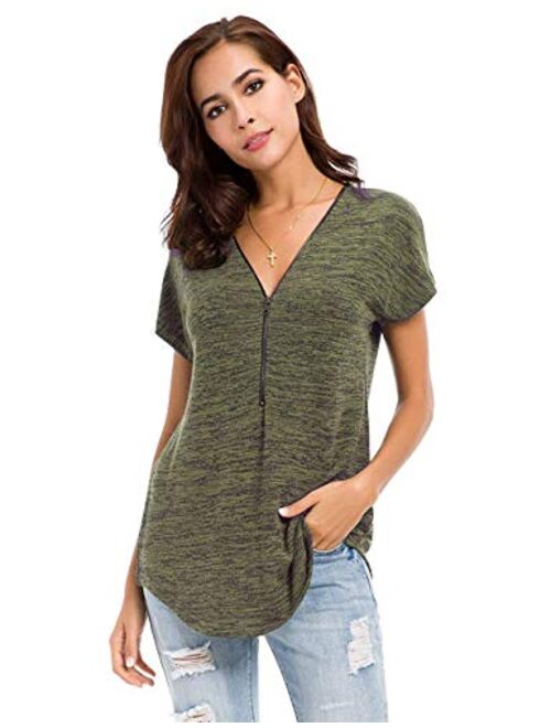 LUSMAY Womens Loose Fitting Zip Up Deep V Neck Short Sleeve Tops Tunic Casual T Shirts Blouse