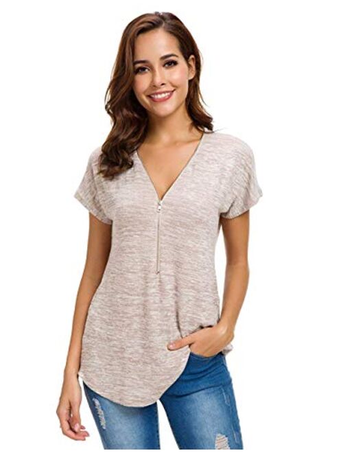 LUSMAY Womens Loose Fitting Zip Up Deep V Neck Short Sleeve Tops Tunic Casual T Shirts Blouse